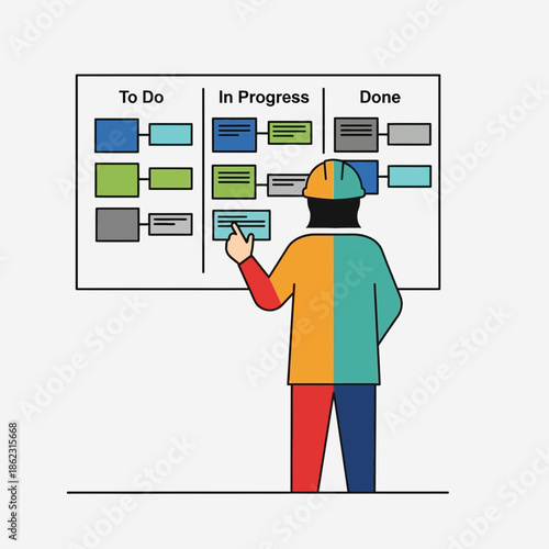 Person points at a kanban board with tasks in columns.