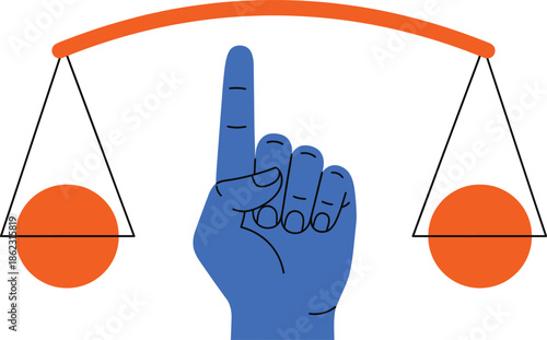 Justice balance illustration with raised finger symbolizing equality fairness law ethics human rights decision making and balanced legal authority concept