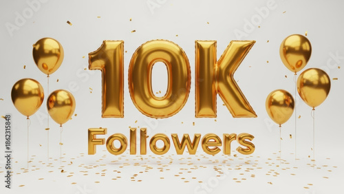 10K followers celebration with golden foil balloons, confetti, and 3D text on white background for social media milestone achievement.