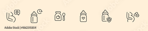 Maternity and Infant Feeding Icon Set, Minimalist Line Art Vector for Breastfeeding Support, Baby Bottle Feeding, Healthy Pregnancy Nutrition, and Newborn Formula Schedule Symbols
