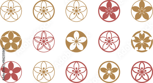 japanese mon floral patterns in red and gold colors on transparent background vector collection