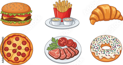 Fast food and bakery items set including burger fries pizza donut croissant and meat plate colorful flat vector illustration