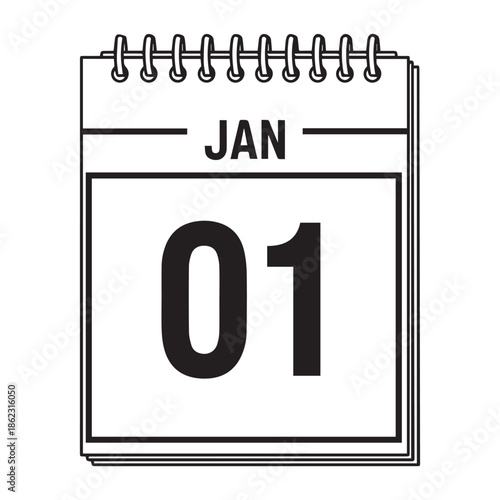 Vector illustration of a new year calendar icon featuring a 3d design element with a paper page showing the month, date, and day for a holiday reminder sign