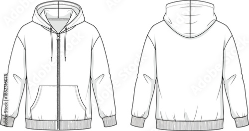 Front and back zip hoodie technical fashion sketch for apparel manufacturing, garment specification, and clothing design, cad drawing flat vector illustration