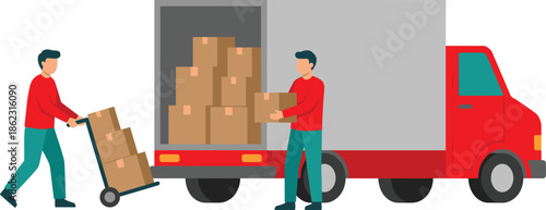 Logistics delivery illustration showing warehouse workers loading cardboard boxes into cargo truck, shipping operations, supply chain management, and transportation services