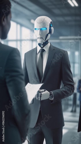 Robot business executive in professional suit negotiating with humans in office - artificial intelligence (AI) and technology in the corporate workplace - office technology concept