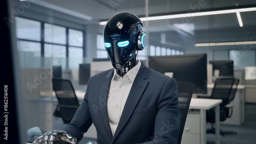 Robot business executive in professional suit working in office - artificial intelligence (AI) and technology in the corporate workplace - office technology concept