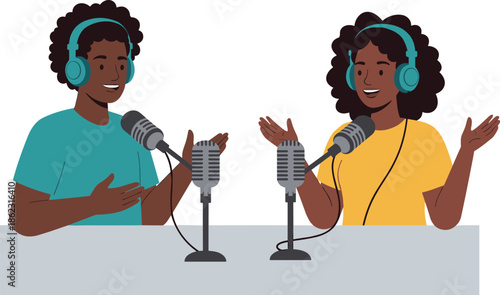 Male and female podcast hosts wearing headphones discussing ideas into microphones during professional radio studio recording session live broadcast illustration