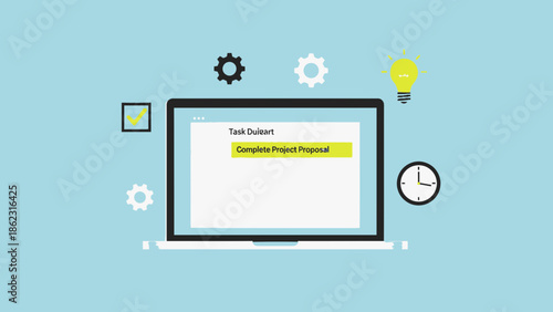 Laptop displaying a task list with icons representing ideas and time.