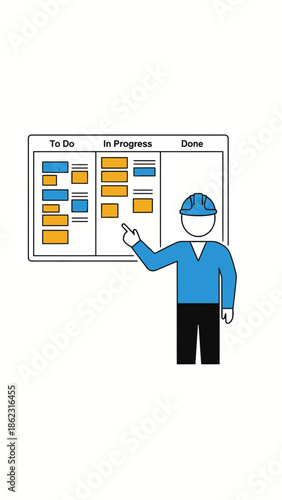 Person pointing at a project management board with tasks.
