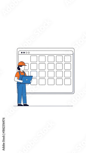 Person holding laptop in front of a grid interface.