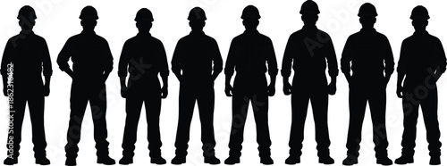 Group of industrial workers silhouettes wearing safety helmets, standing together as construction team, labor workforce concept isolated on white background