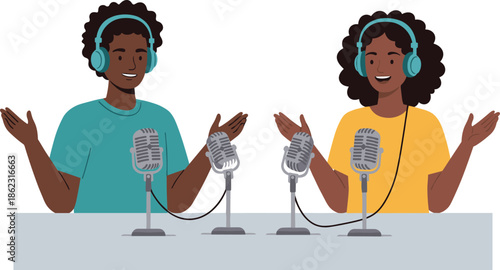 Male and female podcast hosts wearing headphones talking into microphones during professional radio studio recording session vector illustration design artwork