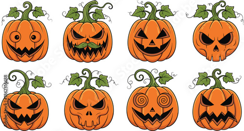Halloween pumpkin faces set with spooky jack o lantern expressions, cartoon illustration collection for festive autumn holiday designs
