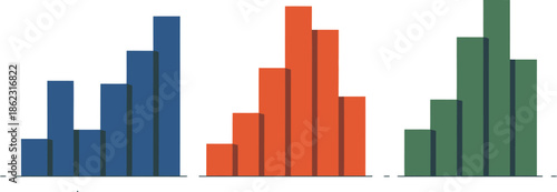 Set of colorful bar charts representing data analysis and statistics with different bar heights and colors on transparent background