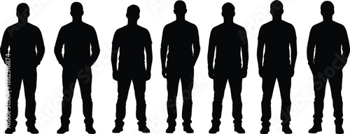 Male standing silhouettes set with different casual postures, human body shapes and proportions, people figures isolated on white background