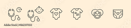 Comprehensive Baby Care and Pediatric Healthcare Line Icon Set, Infant Wellness, Medical Checkups, Nursery Essentials, Birthday Celebrations, Smart Parenting Technology