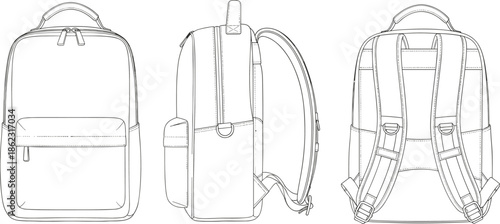Minimal backpack CAD drawing showing front side back views technical flat vector illustration for product design manufacturing specification
