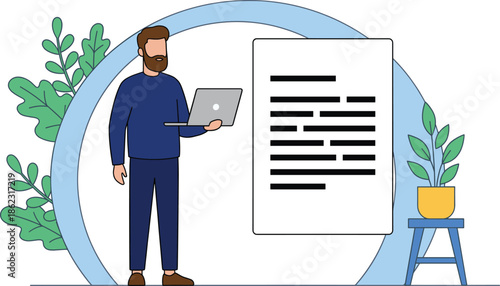 Modern content creation illustration showing freelance writer working on laptop with document interface plants and home office workspace concept design