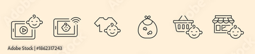 Modern Baby Lifestyle and Digital Parenting Line Icons Set, Smart Monitoring, Infant Clothing, Feeding Bib, Online Shopping, and Toddler Educational Media Graphics