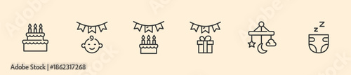 Line Art Baby Celebration and Nursery Icons Set, Birthday Cake, Party Bunting, Newborn Milestones, Gift Box, Crib Mobile, and Overnight Diaper Sleep Graphics
