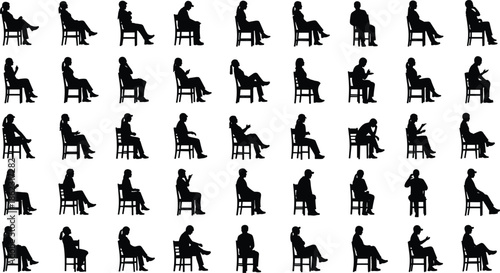 People sitting on chairs silhouette set showing different poses and activities, human waiting postures collection isolated on white background