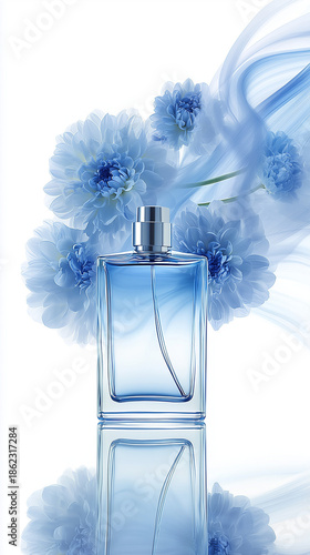 Transparent Blue Glass Perfume Bottle with Flowers Around, Crystal Floral Fragrance Packaging, Minimal Futuristic Beauty Object.