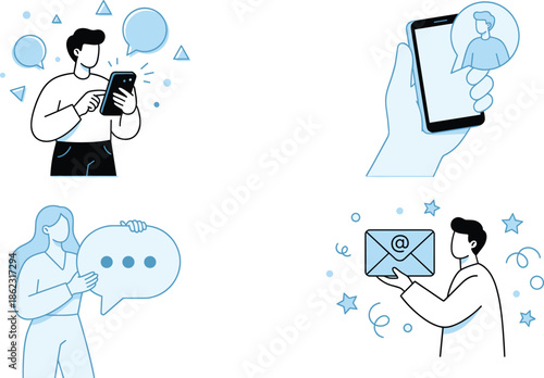 Modern digital communication illustration showing people messaging emailing chatting via smartphone icons bubbles and envelopes for online interaction concepts
