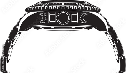 Mens Dive Watch Vector Illustration Side View Isolated on White Background