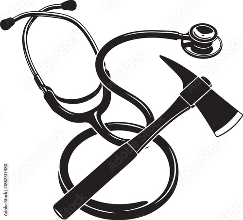 Stethoscope Intertwined with Firefighter Axe Black and White Illustration Isolated on White Background Symbolizing First Responders