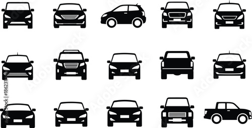 Set of car silhouettes including sedan, hatchback, suv and pickup, modern vehicle icons collection isolated on white background