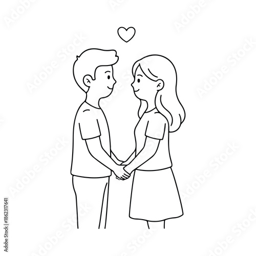 Romantic couple holding hands line art illustration with heart symbol for love concept