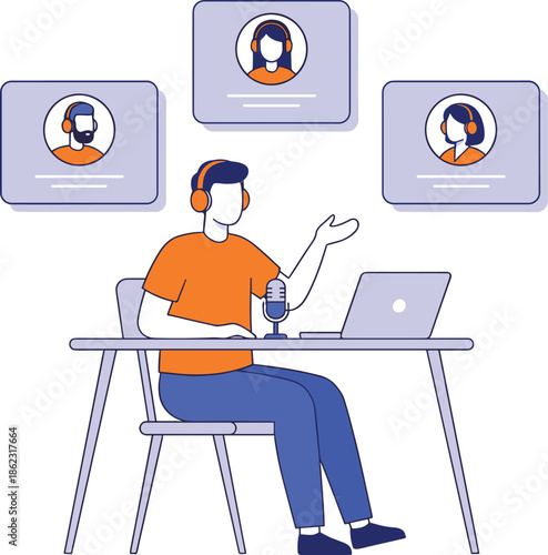 Online podcast host conducting virtual discussion with remote guests using microphone, laptop, headphones, and digital communication tools for media production