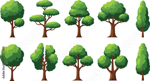 Set of cartoon green trees collection, various deciduous tree shapes for nature, forest, landscape design isolated on white background