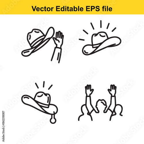  four black line drawings of hands and hats in various positions and movements on a white background