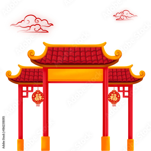 Traditional Chinese New Year Ornament Gate with Red Roof and Golden Accents Illustration
