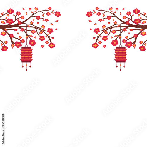 Celebrating Chinese New Year with vibrant ornament hanging from a blossoming tree branch