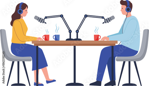 Podcast interview illustration with male and female hosts recording conversation using microphones headphones coffee and table in modern studio setting