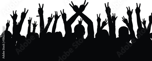 Silhouette of cheering crowd raising hands in victory sign, celebrating freedom, unity, success, protest, and festival energy on white background