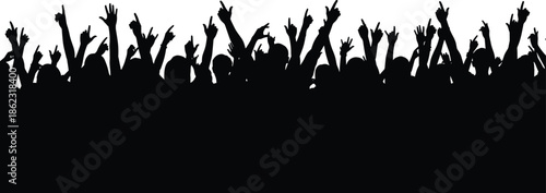 Silhouette of excited cheering crowd with raised hands, celebrating music, concert, festival, victory, freedom, unity, and energetic social event atmosphere