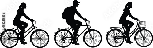 Silhouette of people riding bicycles, urban commuters cycling in motion, eco friendly transportation lifestyle isolated on white background
