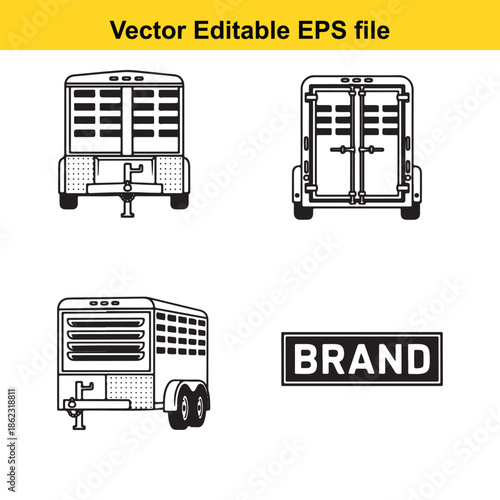  black line drawings of horse trailers with brand nameplates on white background