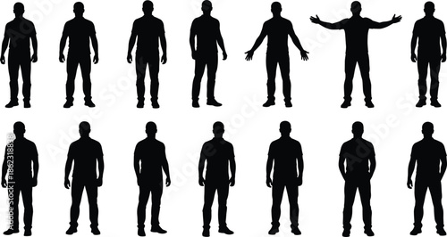 Standing men silhouettes set showing multiple body types, arm positions and neutral poses, human figure collection isolated on white background