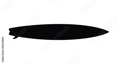 A striking silhouette of a surfboard against a stark white background showcases its sleek form