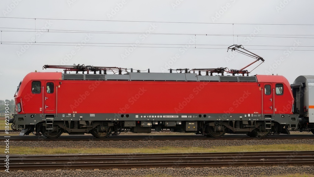 Obraz premium Modern red electric locomotive on railway tracks outdoors