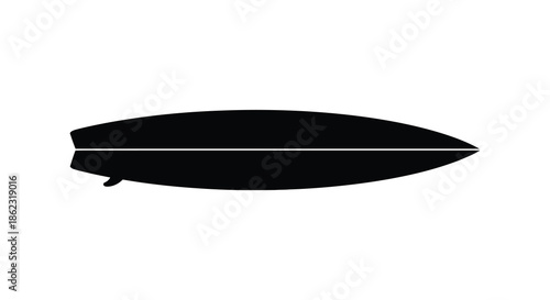 A minimalist black silhouette of a surfboard against a clean white background depicts watersport equipment