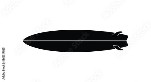 A striking silhouette of a surfboard showcasing its streamlined shape and fin configuration in black