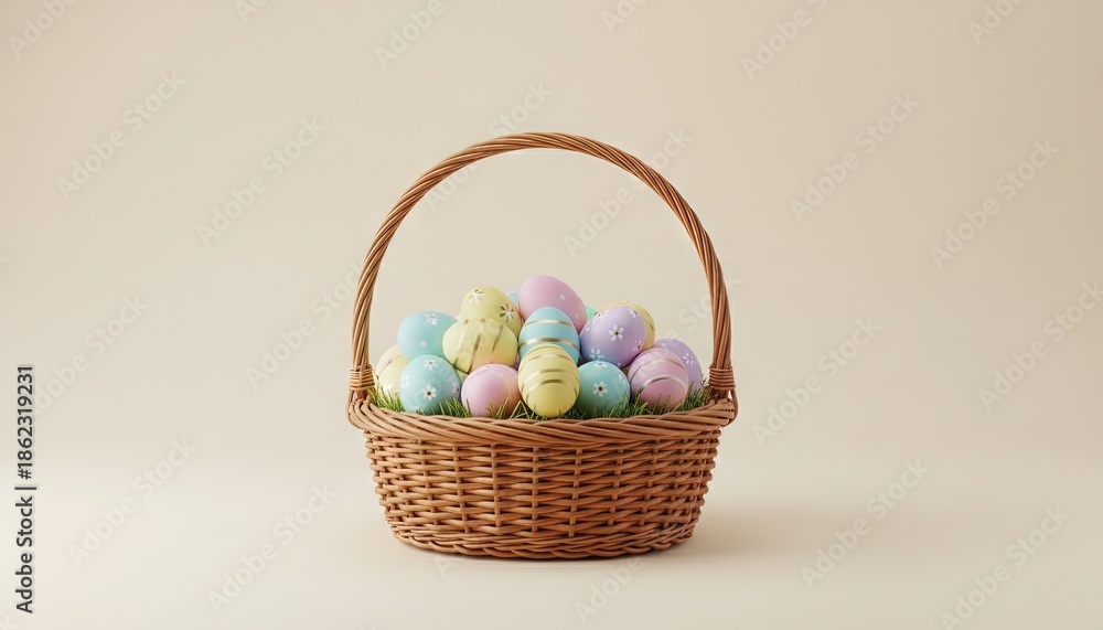 Fototapeta premium easter eggs in a basket on a tan background
