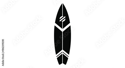 A simple black and white illustration of a surfboard with a distinct design is displayed