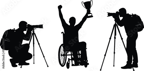 Wheelchair athlete celebrating victory with trophy photographed by professionals, inspirational disability sports success concept silhouette isolated on white background